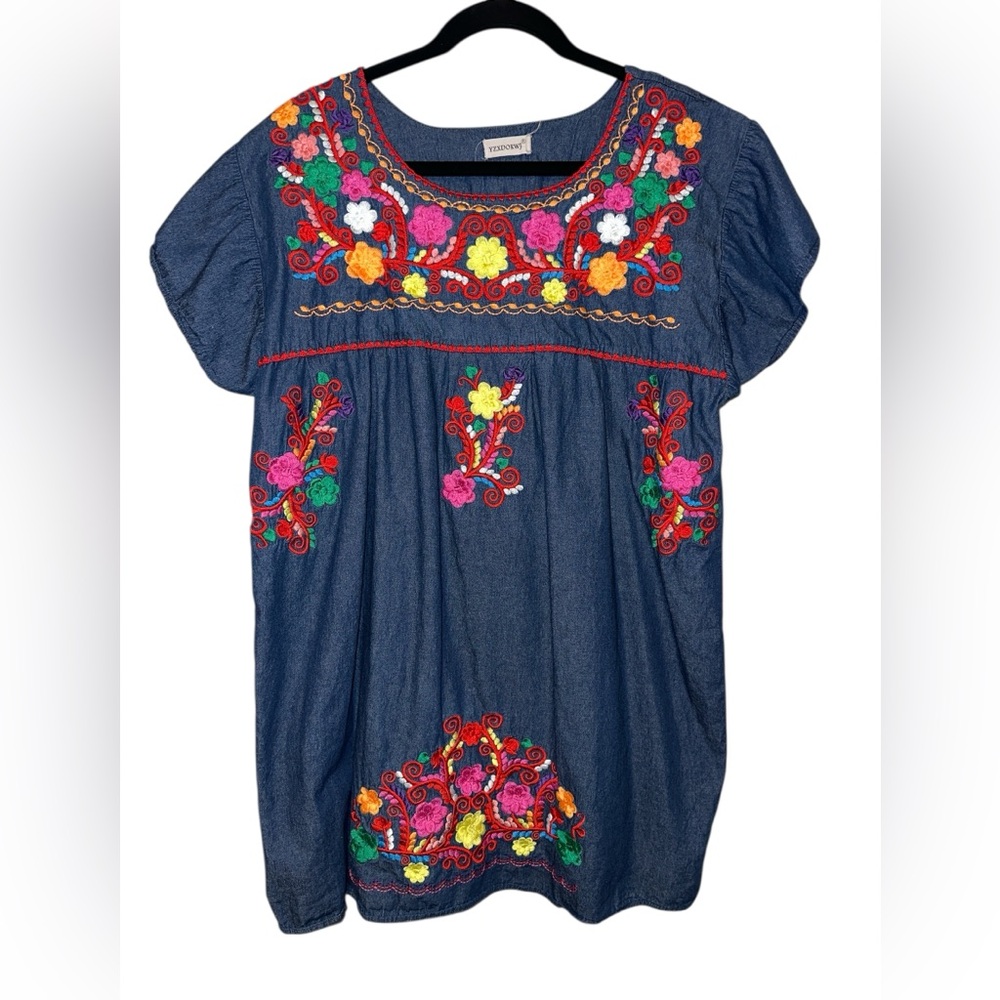 Embroidered Mexican Inspired Navy Floral Mini Dress - Women